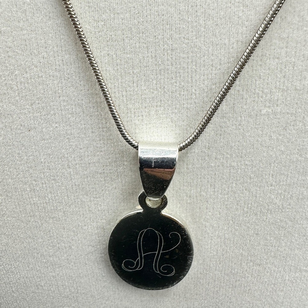 MSC Silver Oval Pendant Necklace Etched Initial "A" Minimal Classic Style